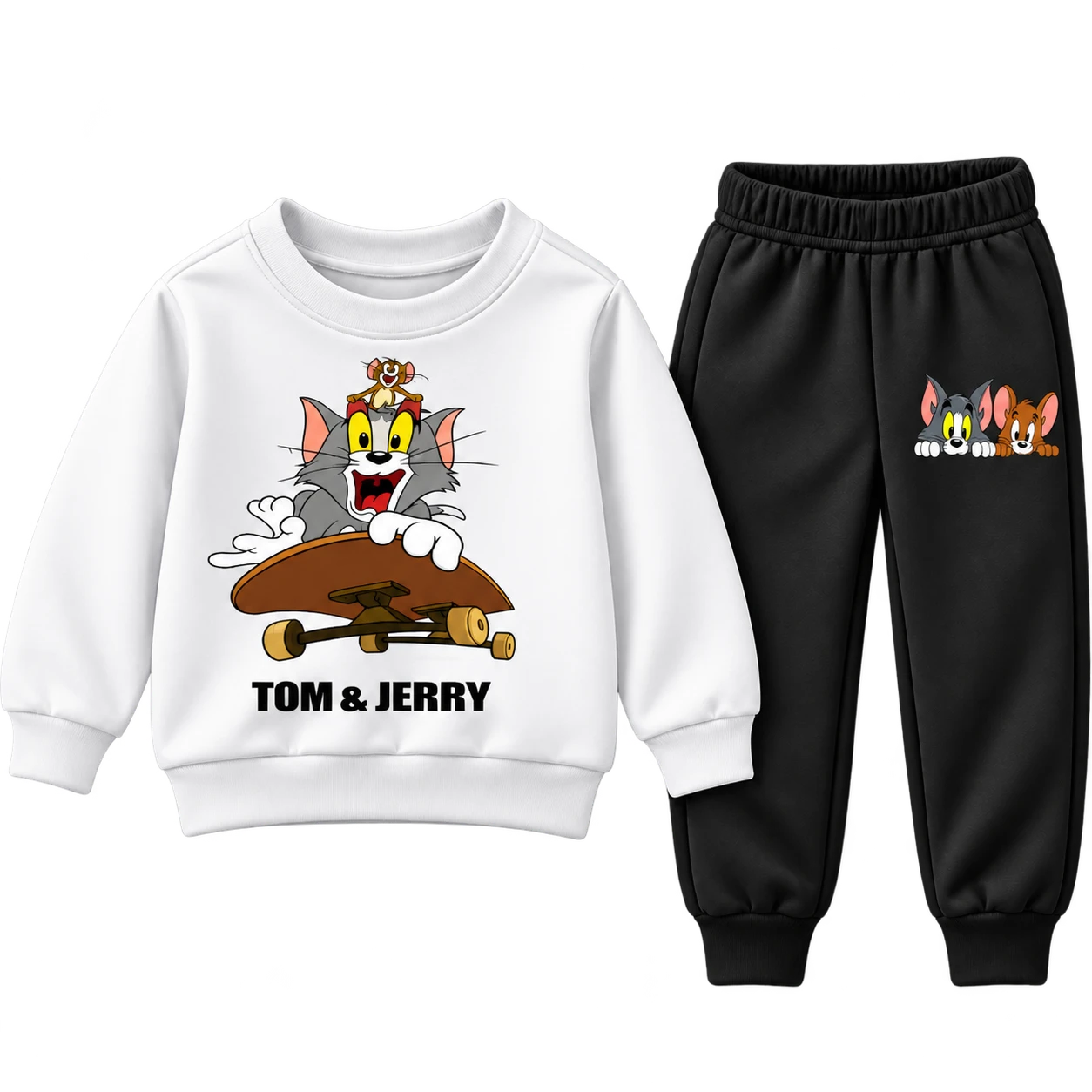 Boys white Tom and Jerry skateboard graphic sweatsuit with black joggers