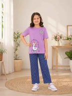 Girls Purple Printed T-Shirt & Polka Dot trouser Set