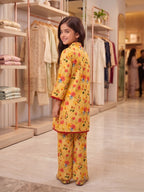 Girls 2-Piece Floral Bouquet Eastern Suit - Sunny Yellow & Maroon Lace