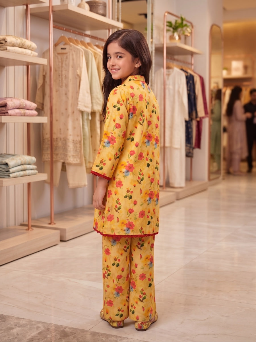 Girls 2-Piece Floral Bouquet Eastern Suit - Sunny Yellow & Maroon Lace