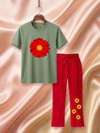 Red Daisy Floral Cotton Suit Set