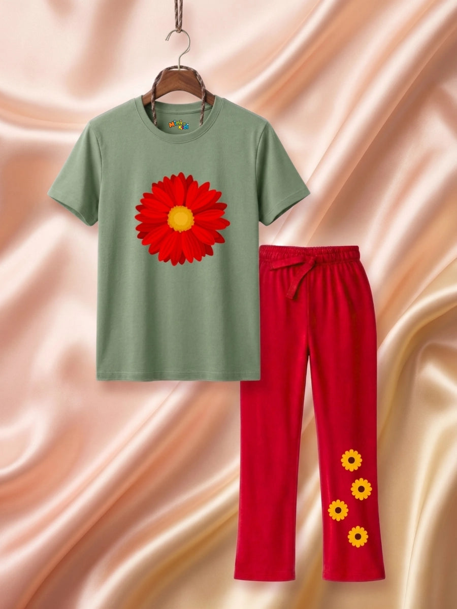 Red Daisy Floral Cotton Suit Set