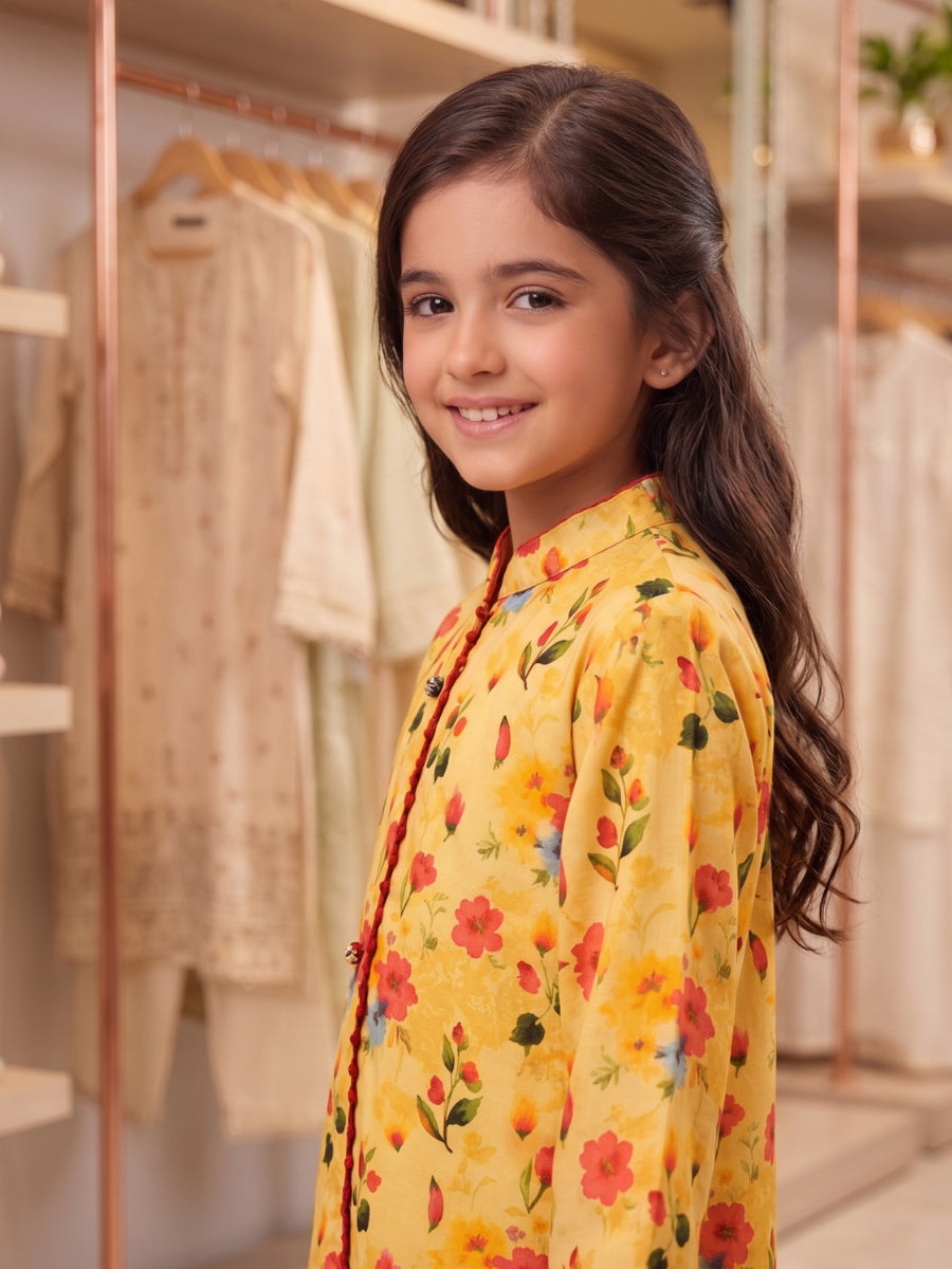 Girls 2-Piece Floral Bouquet Eastern Suit - Sunny Yellow & Maroon Lace