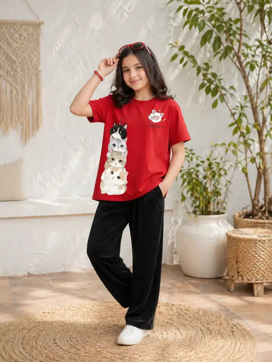Girls Cute Cat Stack Graphic T-Shirt & Black trouser Set