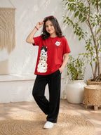 Girls Cute Cat Stack Graphic T-Shirt & Black trouser Set