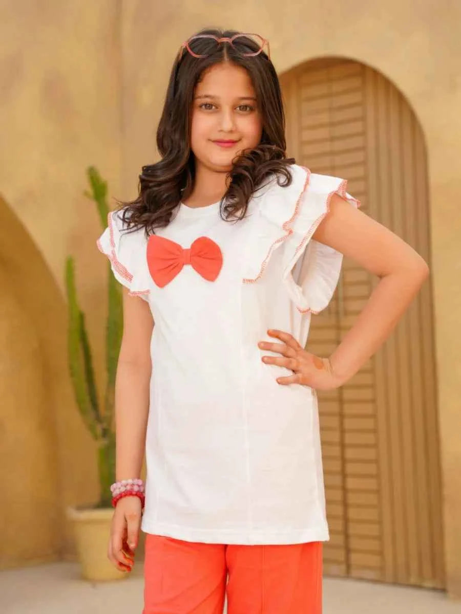 Peach Sorbet Bow Top & Flared Trouser Set
