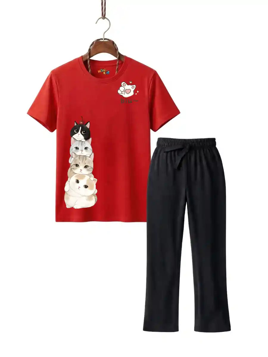 Girls Cute Cat Stack Graphic T-Shirt & Black trouser Set