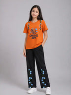 Girls “Choose Joy” Floral Embroidered T-Shirt & Black trouser Set