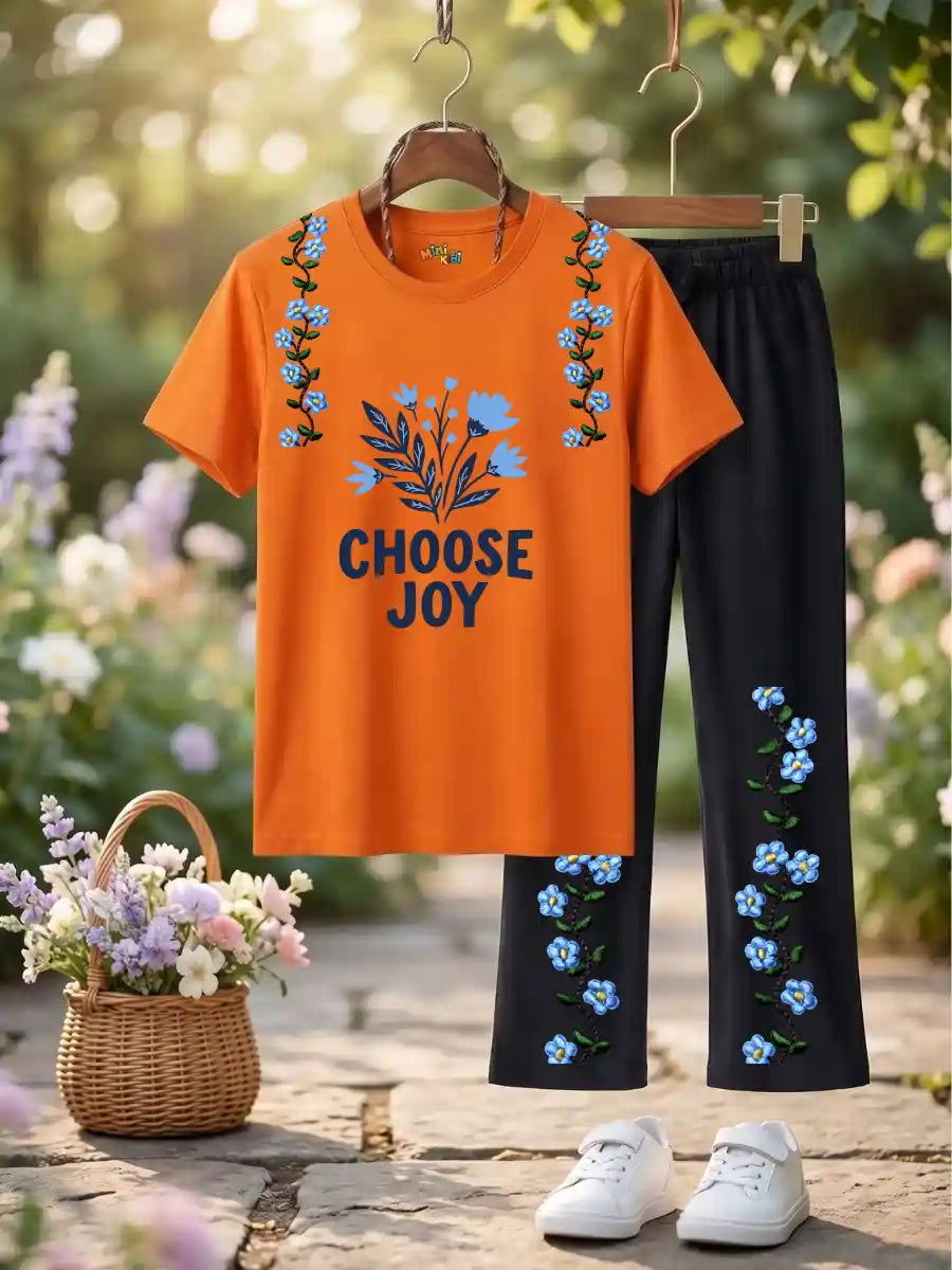 Girls “Choose Joy” Floral Embroidered T-Shirt & Black trouser Set