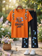 Girls “Choose Joy” Floral Embroidered T-Shirt & Black trouser Set