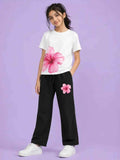 Girls Pink Blossom Graphic T-Shirt & Black trouser Set (Copy)