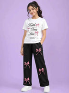 Girls “Faith Over Fear” Bow Print Graphic T-Shirt & Black trouser Set (Copy)