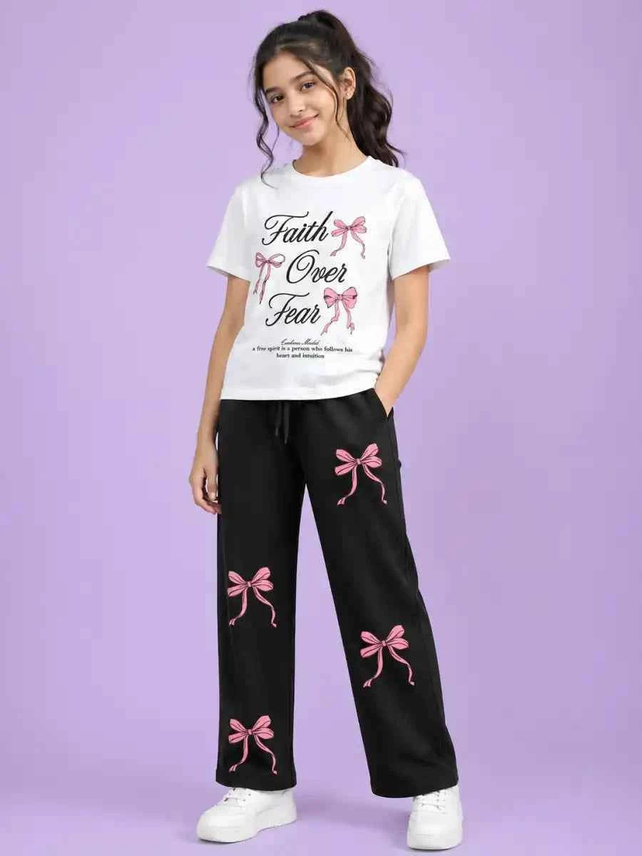 Girls “Faith Over Fear” Bow Print Graphic T-Shirt & Black trouser Set (Copy)