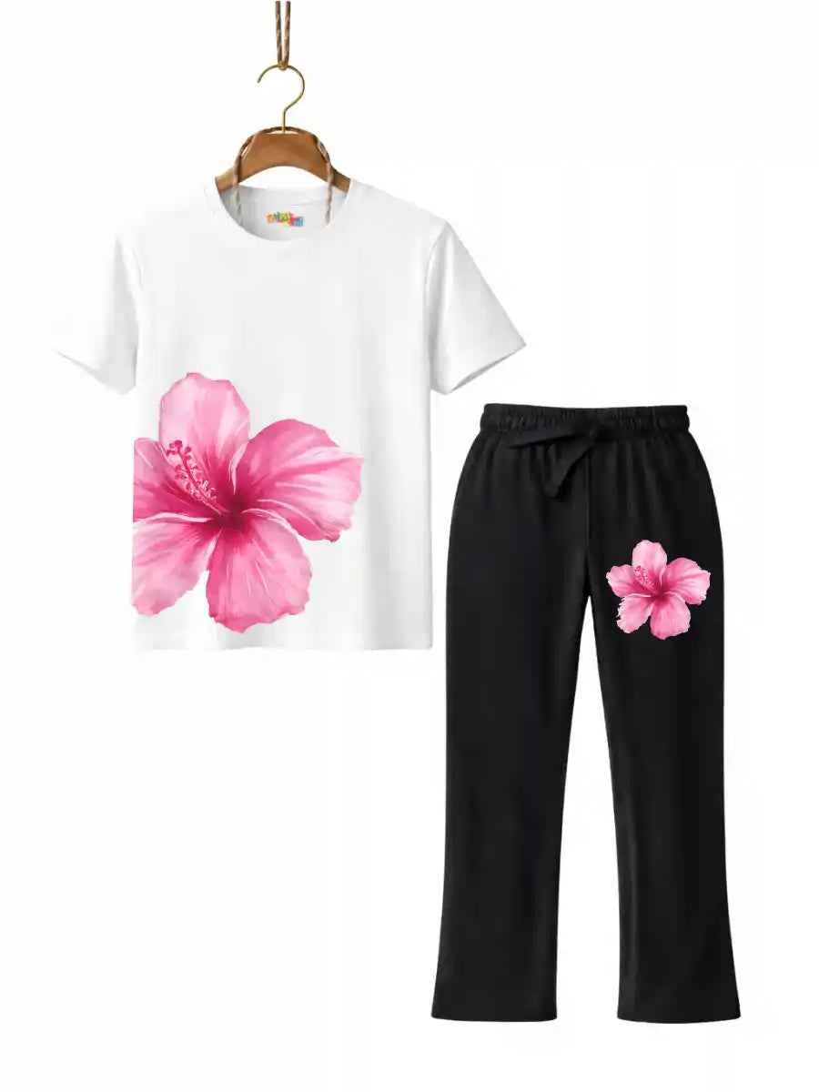 Girls Pink Blossom Graphic T-Shirt & Black trouser Set (Copy)