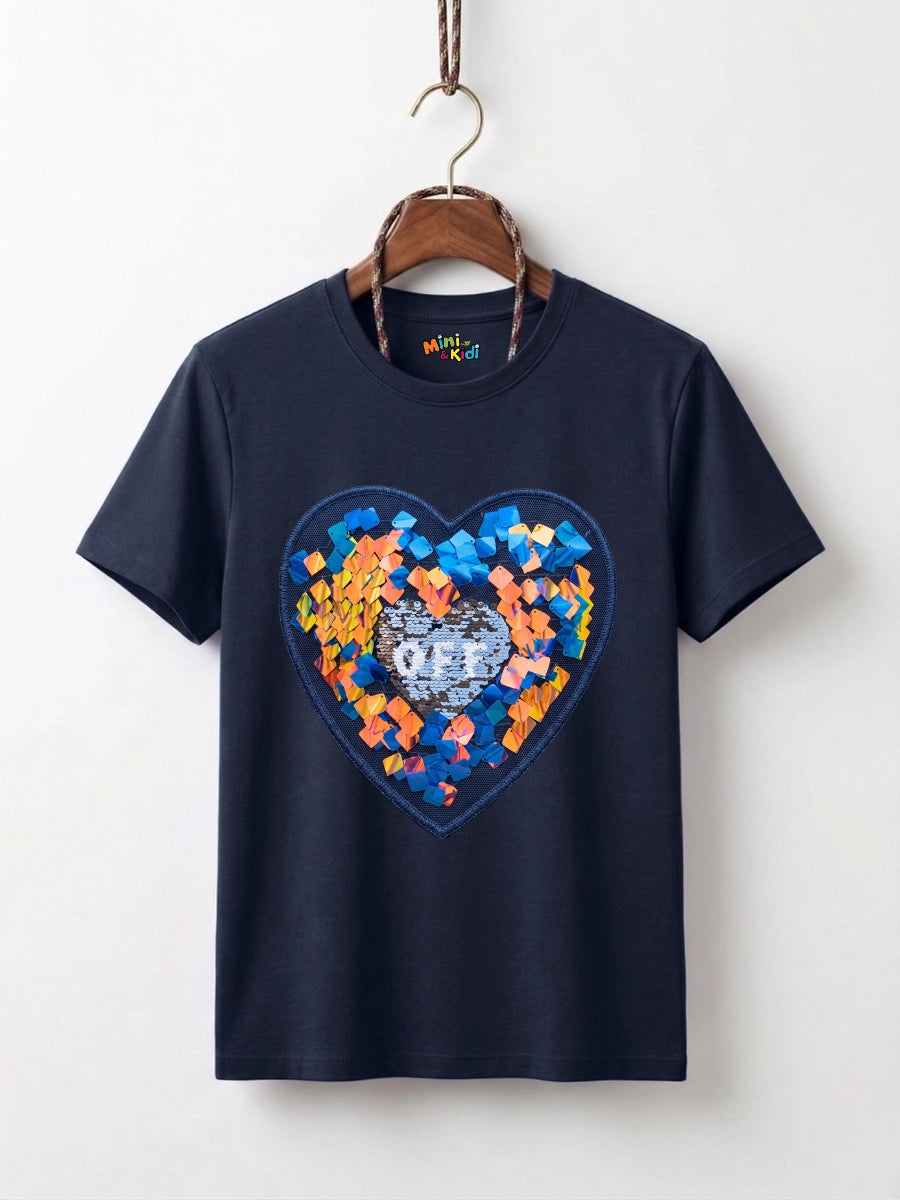 "OFF" Magic Heart Reversible Sequin T-Shirt - Midnight Navy