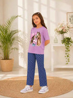 Girls Purple Horse Print T-Shirt & Polka Dot trouser Set