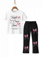 Girls “Faith Over Fear” Bow Print Graphic T-Shirt & Black trouser Set (Copy)