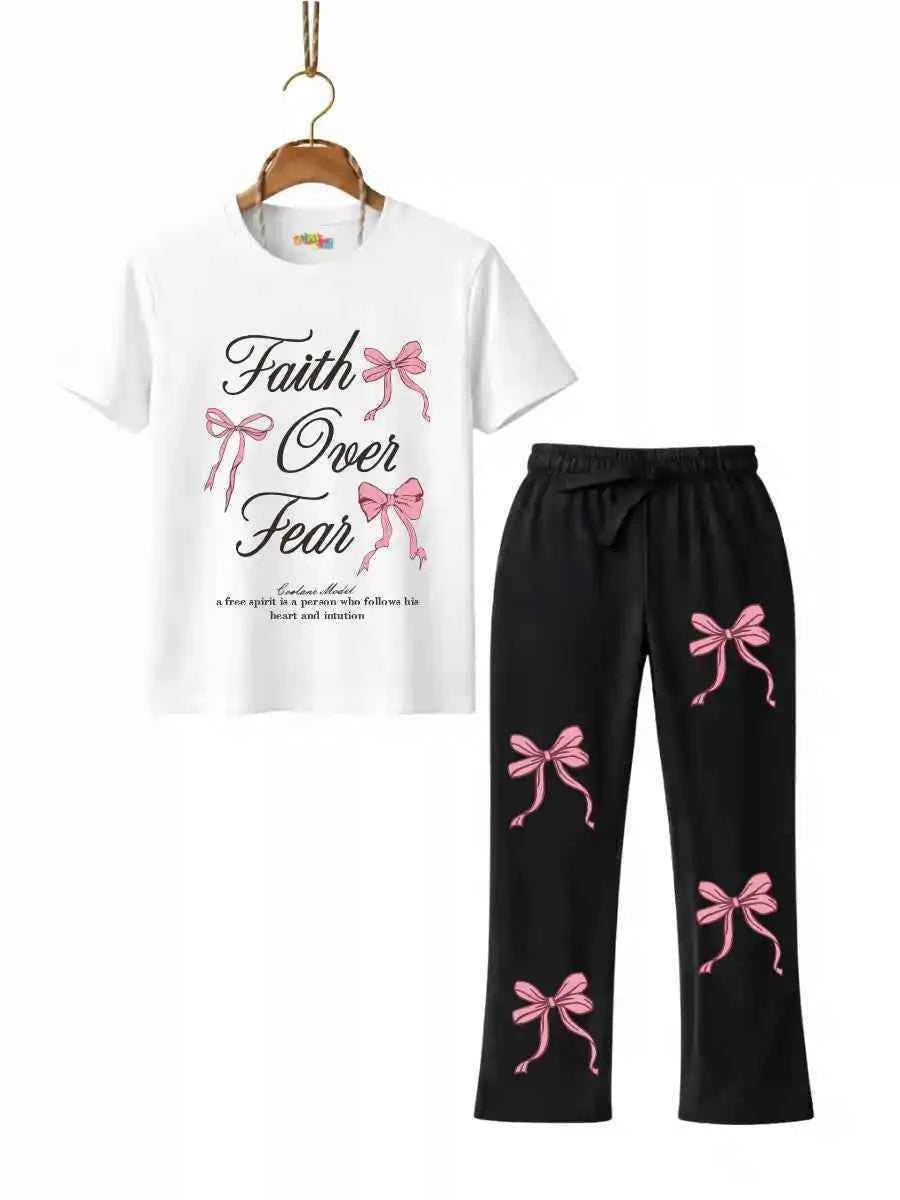 Girls “Faith Over Fear” Bow Print Graphic T-Shirt & Black trouser Set (Copy)