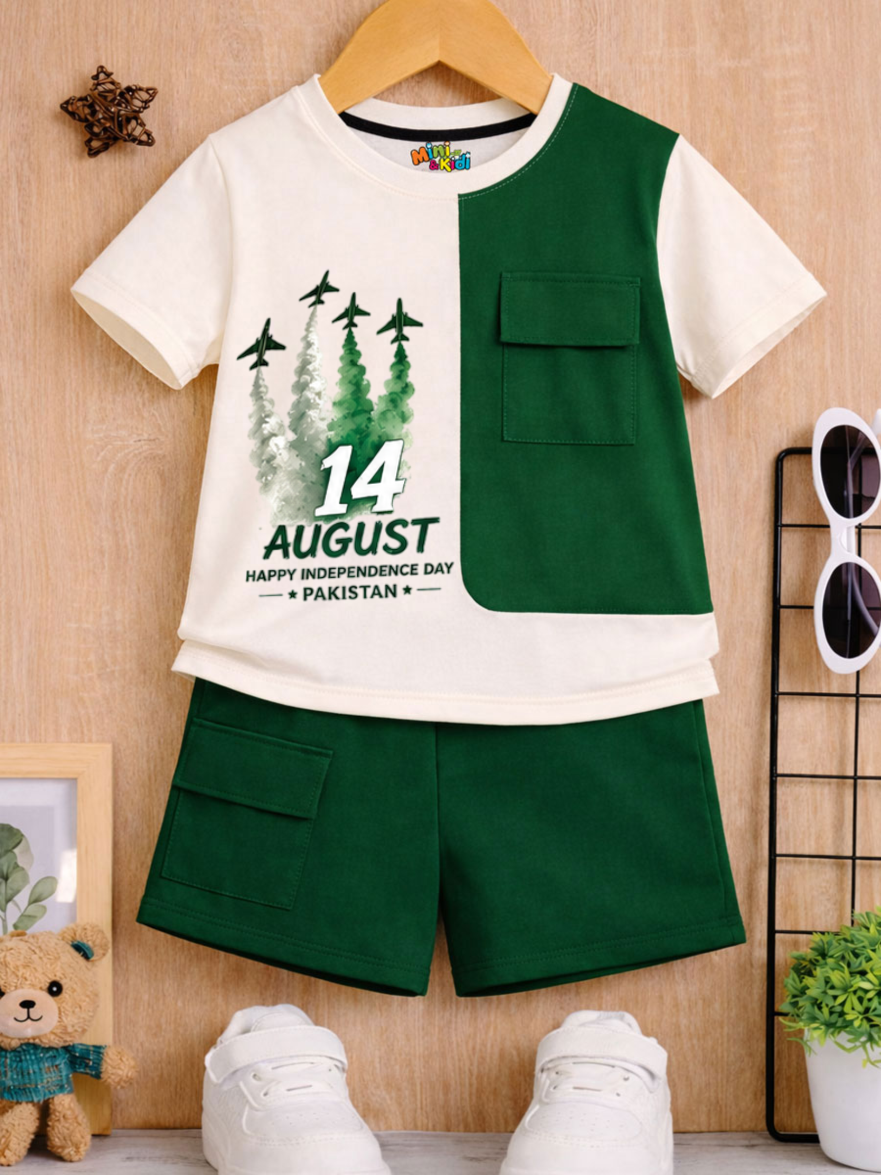 MiniKidi 14 August Independence Day Kids Green & White T-Shirt & Shorts Set