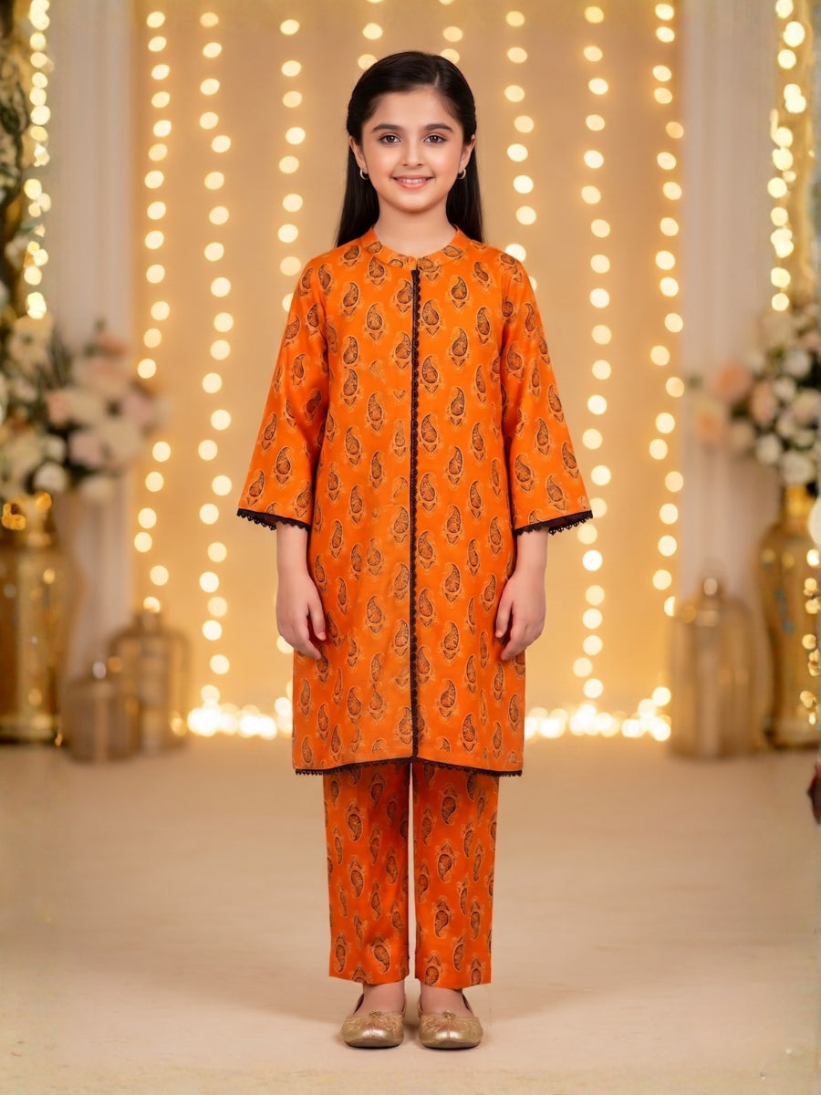 Paisley Print Eastern Suit - Radiant Orange & Black Lace