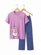 Girls Purple Printed T-Shirt & Polka Dot trouser Set