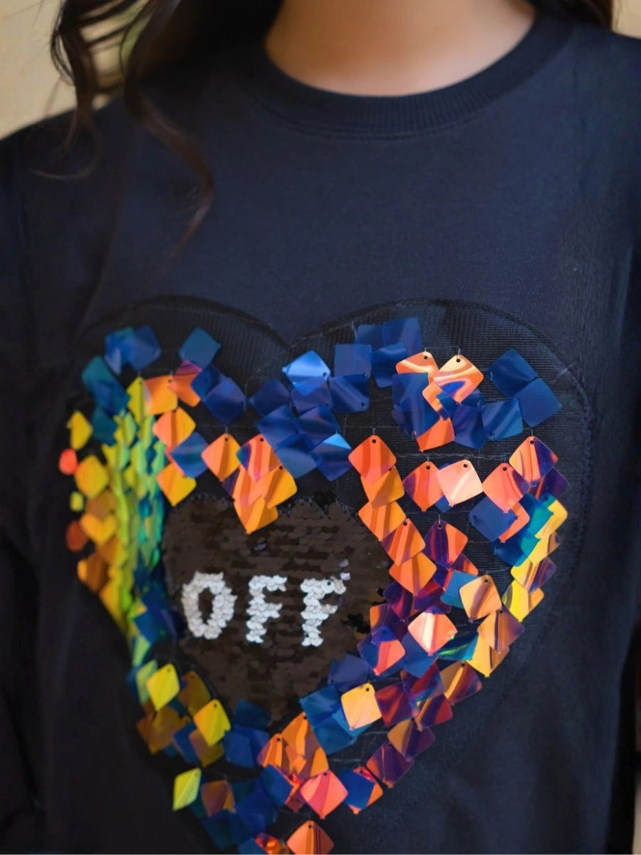"OFF" Magic Heart Reversible Sequin T-Shirt - Midnight Navy