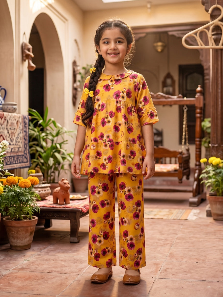 Girls 2-Piece Tiered Floral Frock Suit - Golden Honey & Plum Blossoms