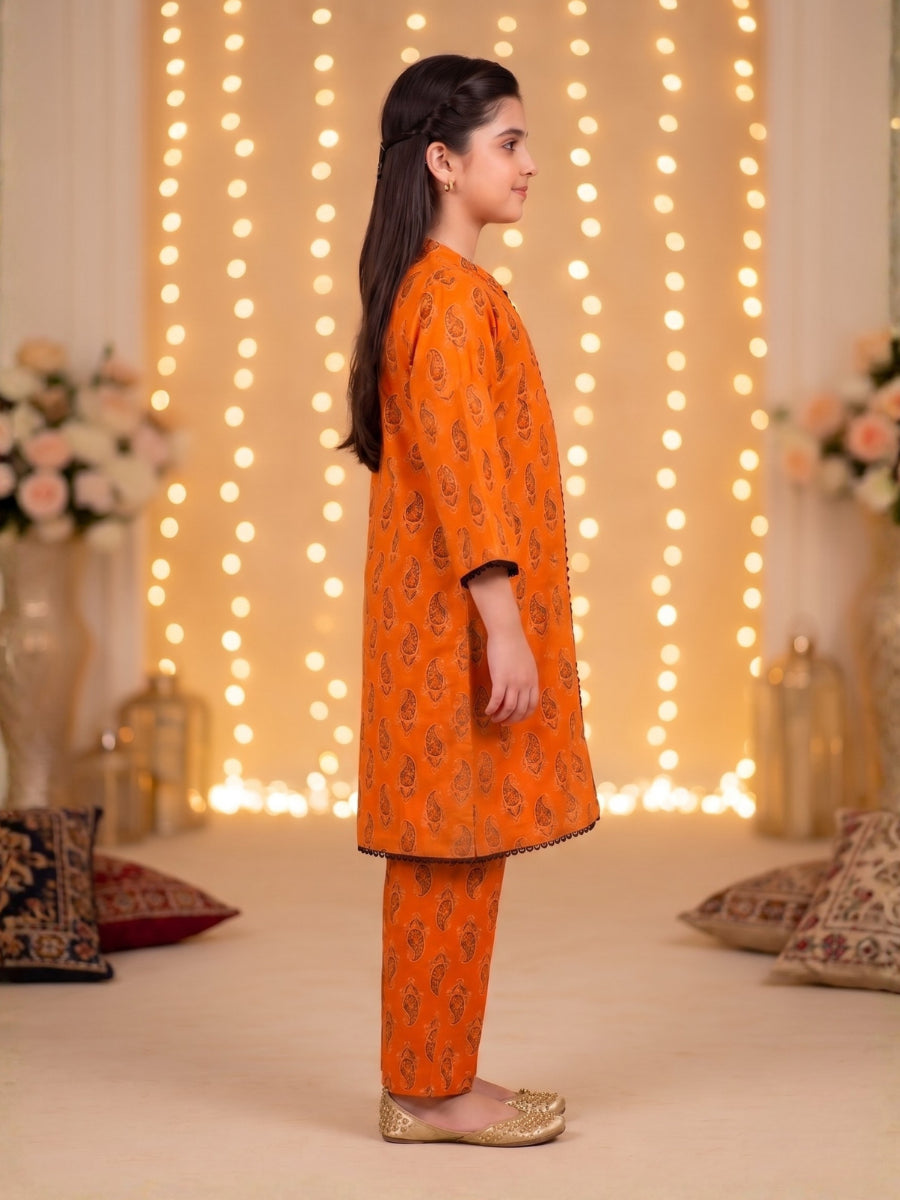 Paisley Print Eastern Suit - Radiant Orange & Black Lace
