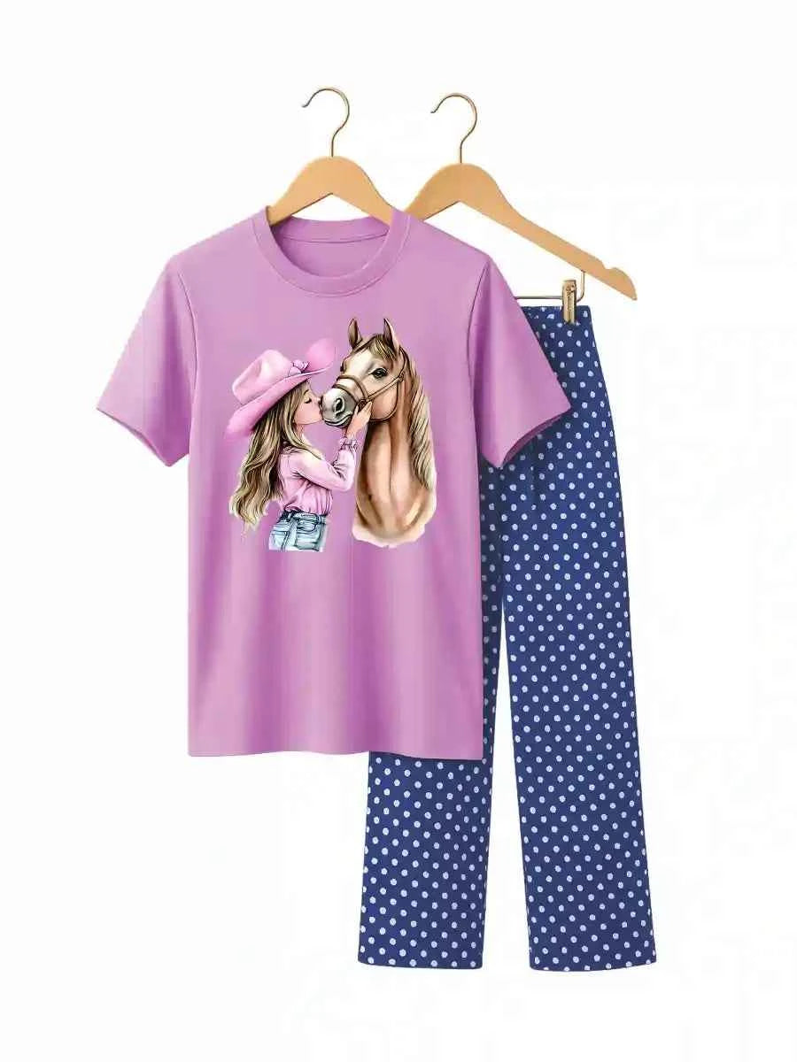 Girls Purple Horse Print T-Shirt & Polka Dot trouser Set