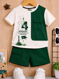 MiniKidi 14 August Pakistan Monument Kids Green & White T-Shirt & Shorts Set