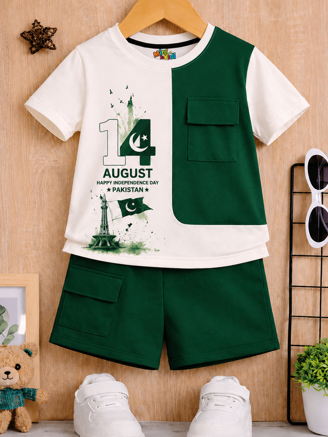 MiniKidi 14 August Pakistan Monument Kids Green & White T-Shirt & Shorts Set
