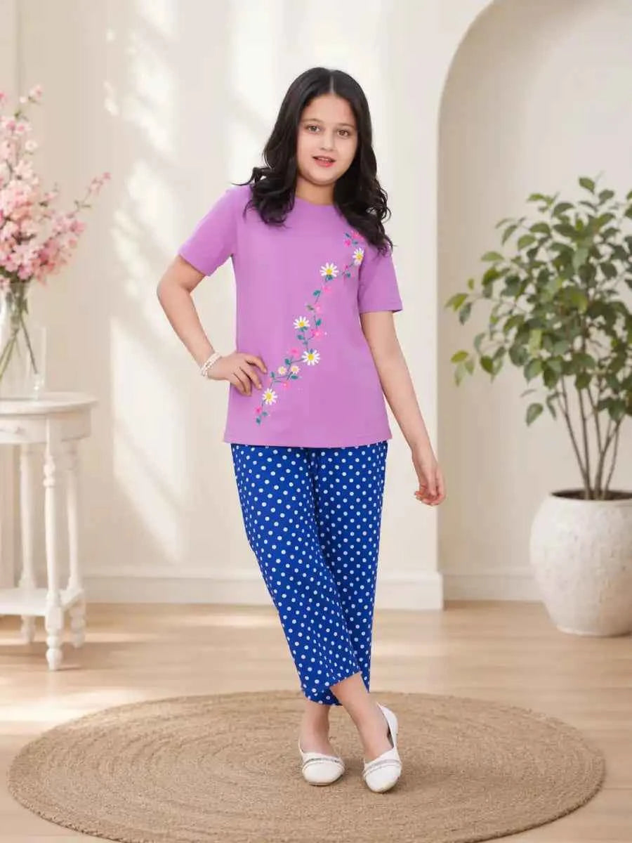 Purple Blossom Tee with Polka Dot trouser
