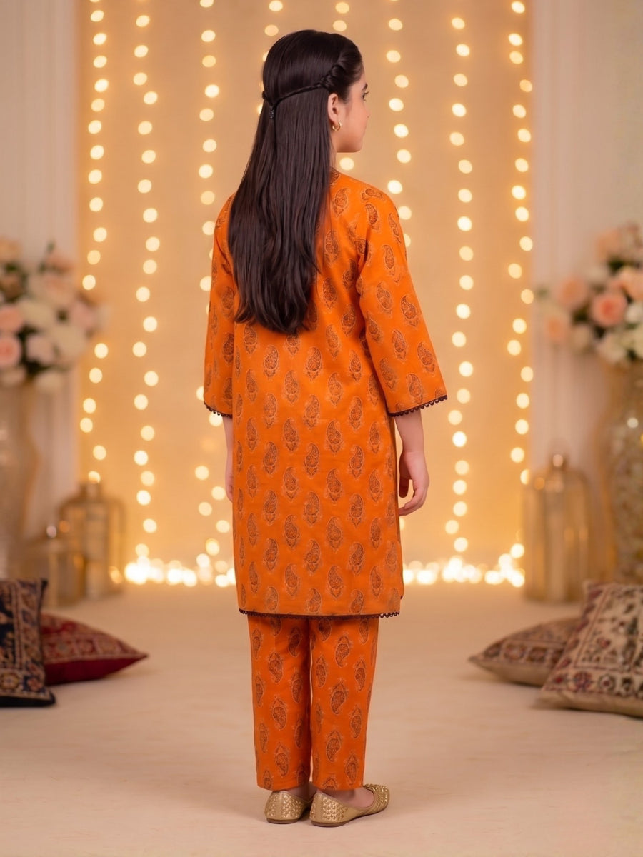 Paisley Print Eastern Suit - Radiant Orange & Black Lace