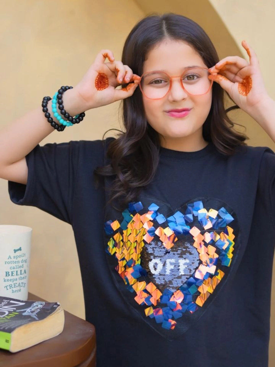 "OFF" Magic Heart Reversible Sequin T-Shirt - Midnight Navy