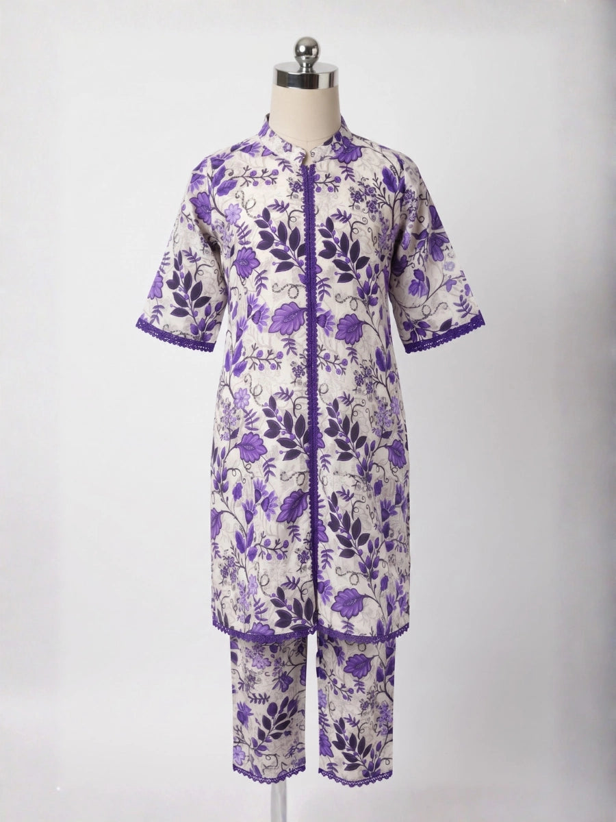 Girls 2-Piece Lavender Floral Eastern Suit - Ivory White & Purple Lace