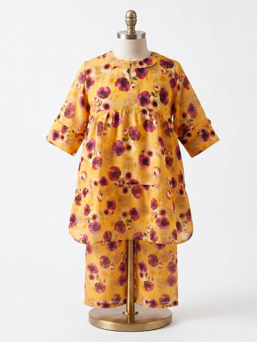 Girls 2-Piece Tiered Floral Frock Suit - Golden Honey & Plum Blossoms