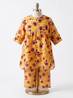 Girls 2-Piece Tiered Floral Frock Suit - Golden Honey & Plum Blossoms