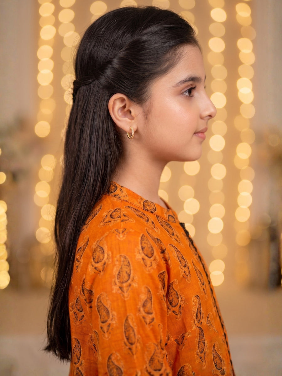 Paisley Print Eastern Suit - Radiant Orange & Black Lace