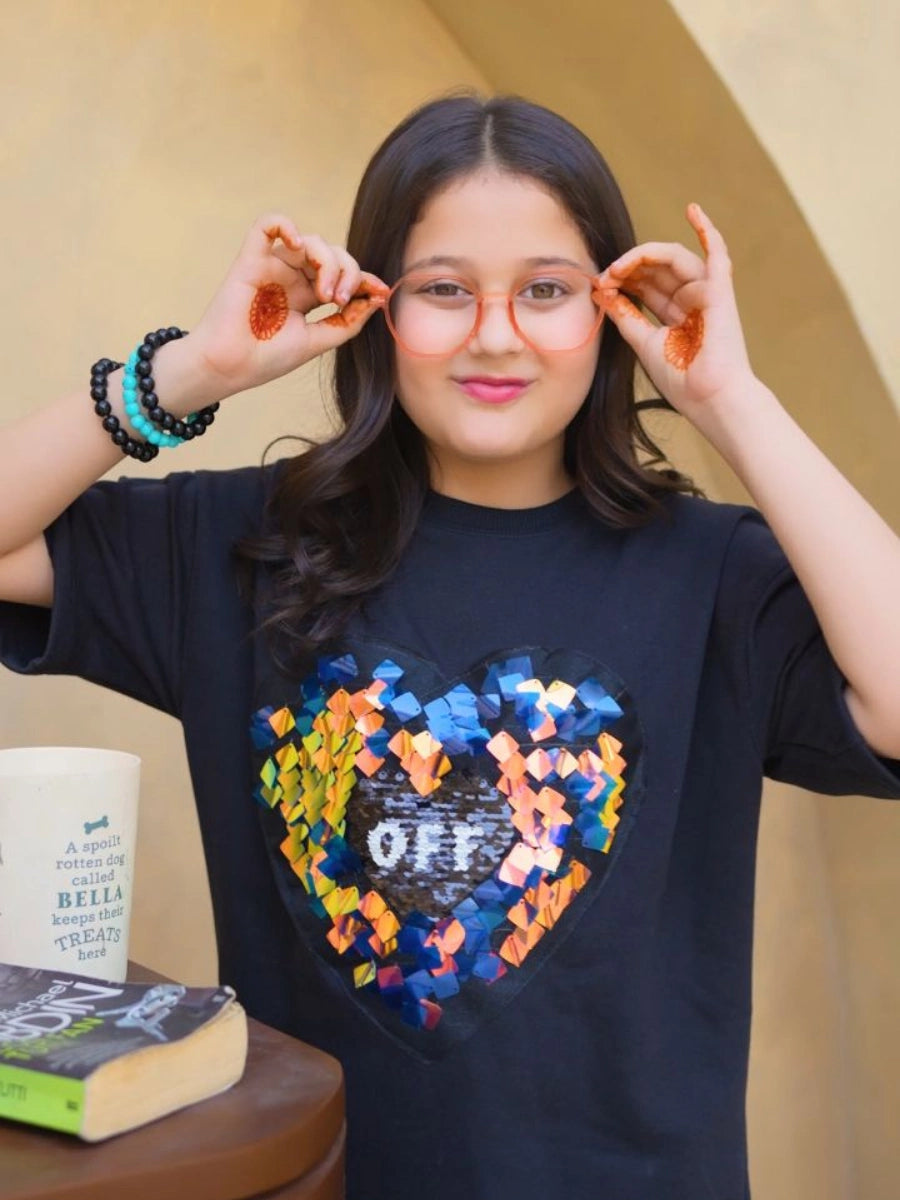 "OFF" Magic Heart Reversible Sequin T-Shirt - Midnight Navy