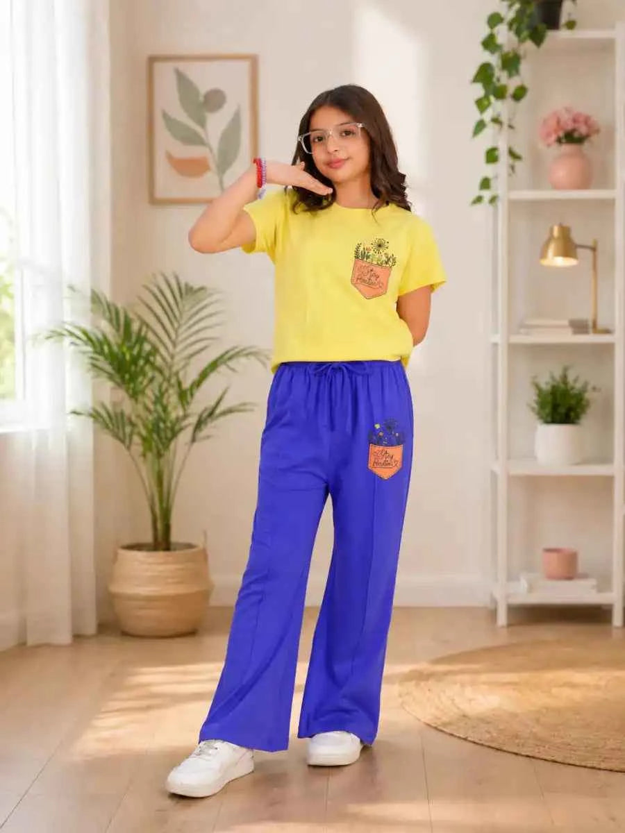 Girls Yellow Pocket Print T-Shirt & Blue Wide Leg trouser Set