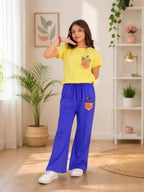 Girls Yellow Pocket Print T-Shirt & Blue Wide Leg trouser Set