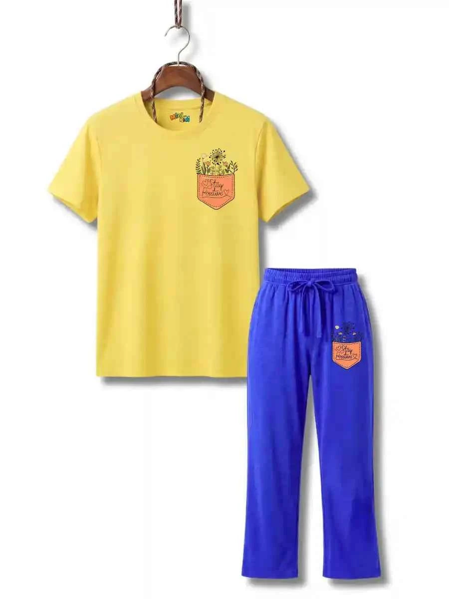 Girls Yellow Pocket Print T-Shirt & Blue Wide Leg trouser Set