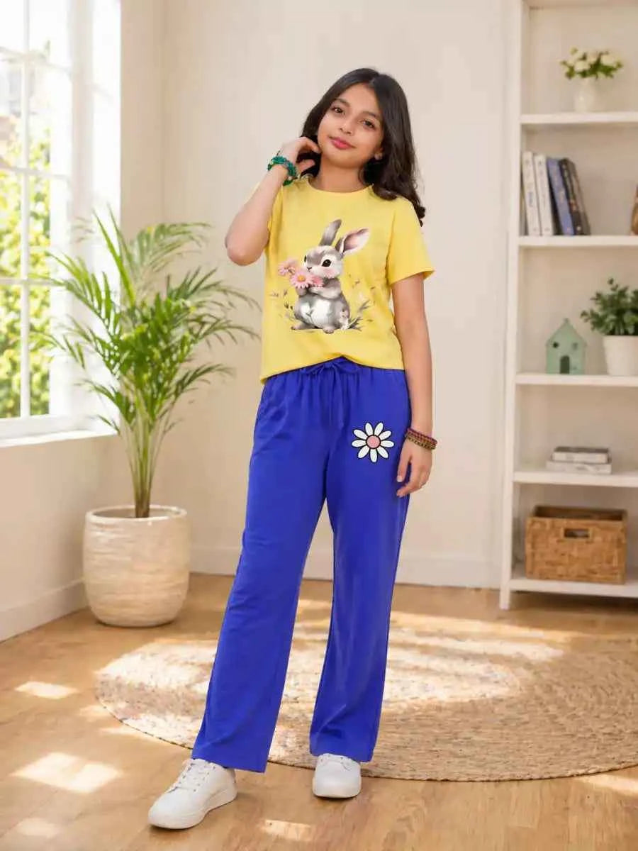 Girls Bunny Print T-Shirt & Blue Lounge trouser Set