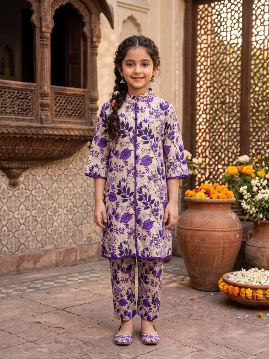 Girls 2-Piece Lavender Floral Eastern Suit - Ivory White & Purple Lace