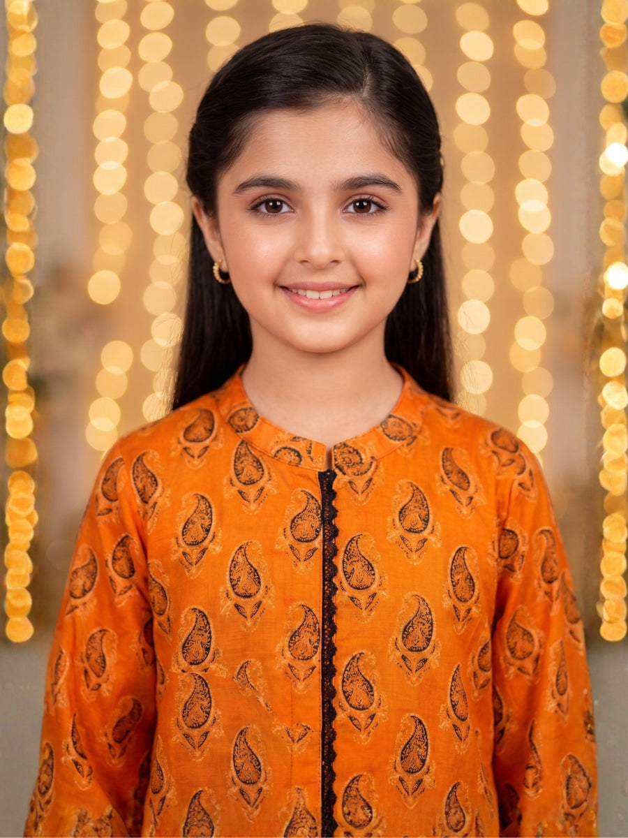 Paisley Print Eastern Suit - Radiant Orange & Black Lace