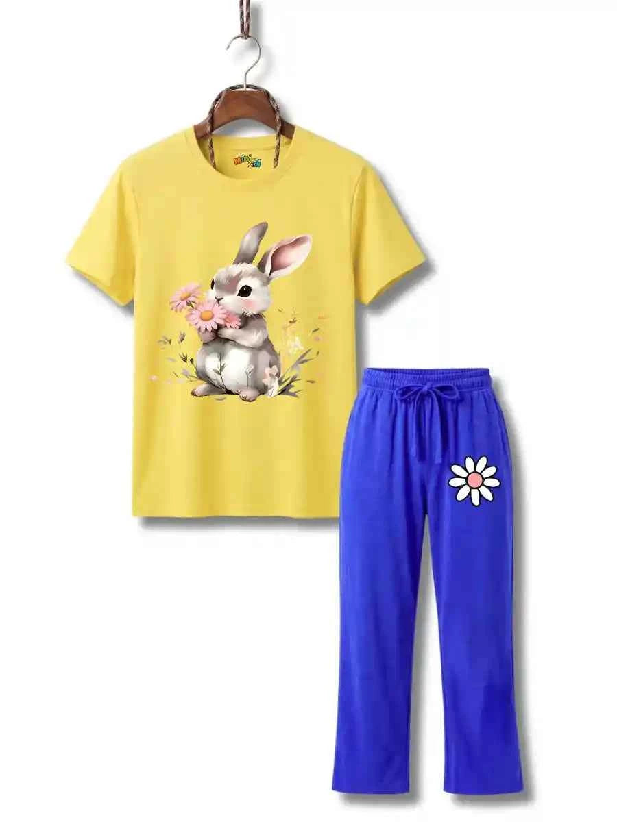 Girls Bunny Print T-Shirt & Blue Lounge trouser Set