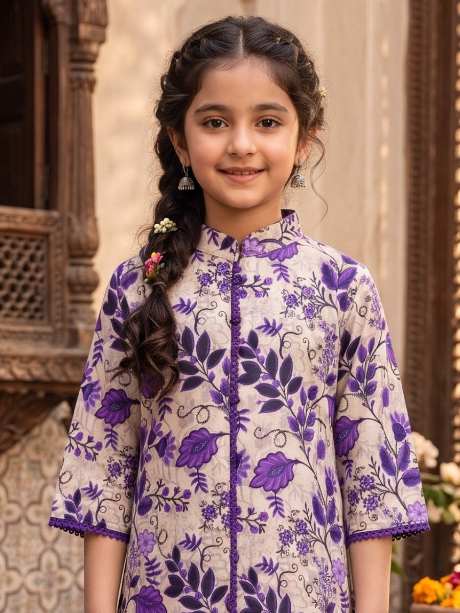Girls 2-Piece Lavender Floral Eastern Suit - Ivory White & Purple Lace