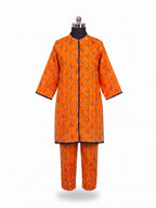 Paisley Print Eastern Suit - Radiant Orange & Black Lace