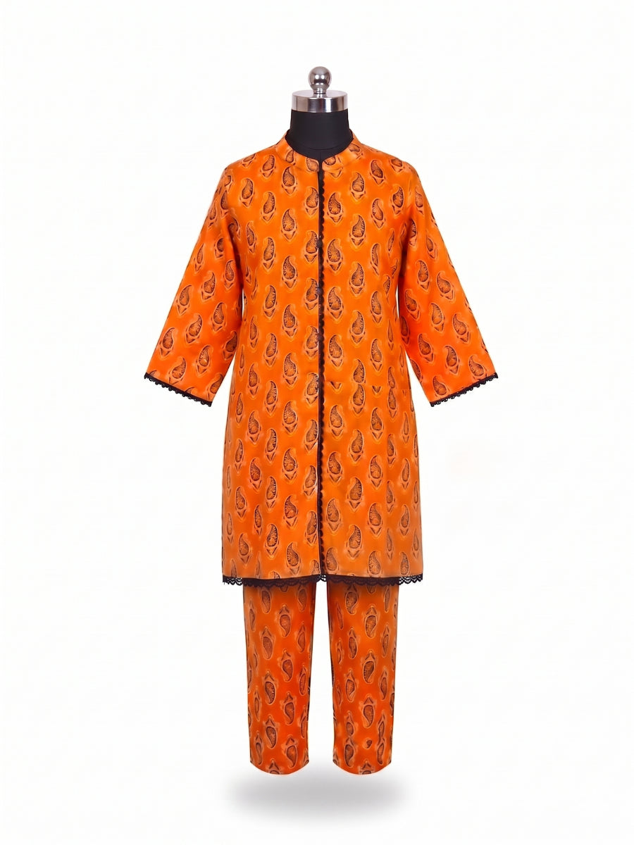 Paisley Print Eastern Suit - Radiant Orange & Black Lace