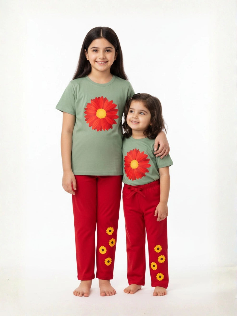 Red Daisy Floral Cotton Suit Set